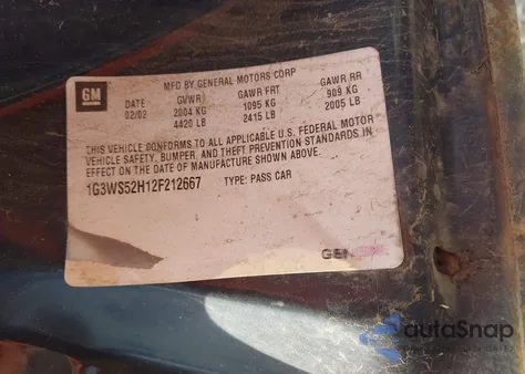 2002 Oldsmobile Intrigue Gl from USA, damaged, VIN 1G3WS52H12F212667